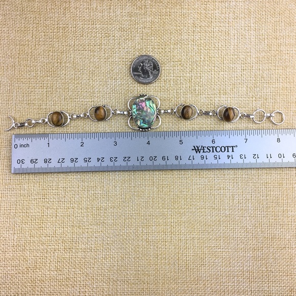 New Abalone & Tigers Eye Gemstone Silver Overlay Bracelet 7 1/4 & 8 - Picture 4 of 8